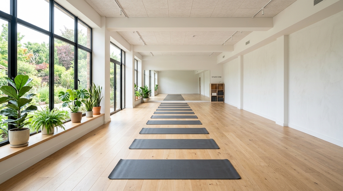 Helles Studio mit Holzboden und Trainingsmatten in der Mitte