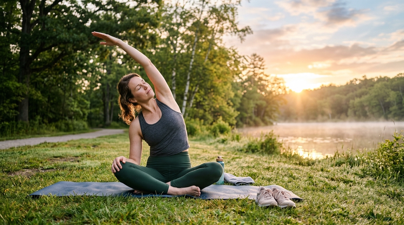 Sanftes Sonnenaufgangs-Workout im Park