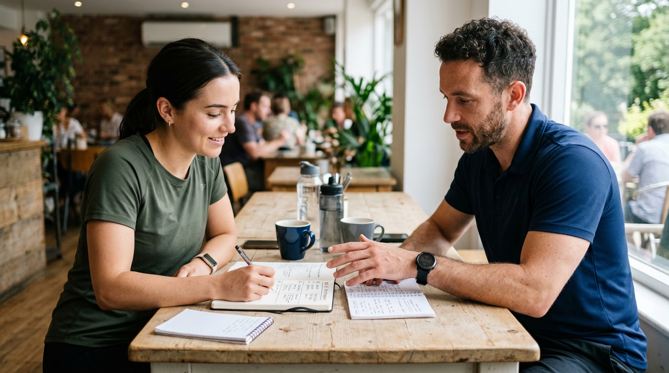 Zwei Trainerinnen besprechen einen Plan an einem hellen Tisch